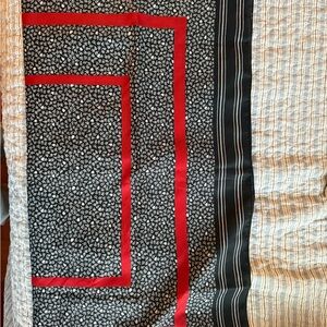 Vintage Black Floral Scarf with Red Border and Striped Trim